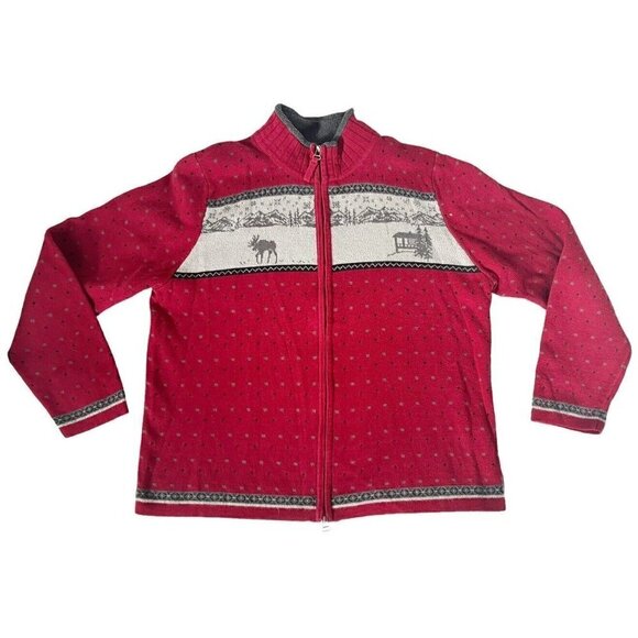 VTG Woolrich Woman's Sz L Full Zip Red Cardigan Sweater Moose Cabin Mountains - Picture 8 of 8